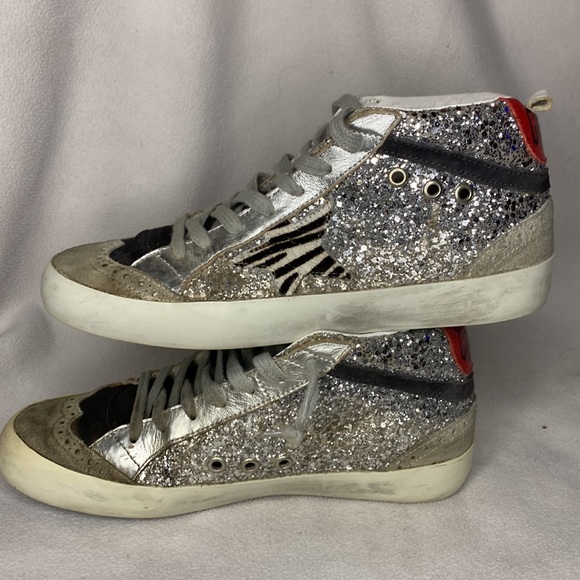 🥳HP🥳 Preloved Golden Goose Midstar Silver Glitter Zebra size 8 - Picture 6 of 9